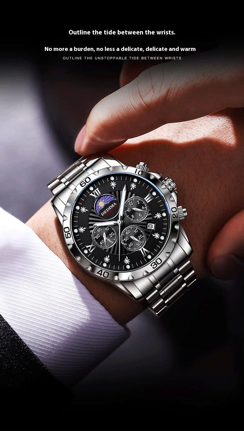 Relógio masculino moderno com quatro olhos e seis agulhas, totalmente automático, multifuncional, à prova d'água, luz noturna, estilo celebridade,_voghion.com