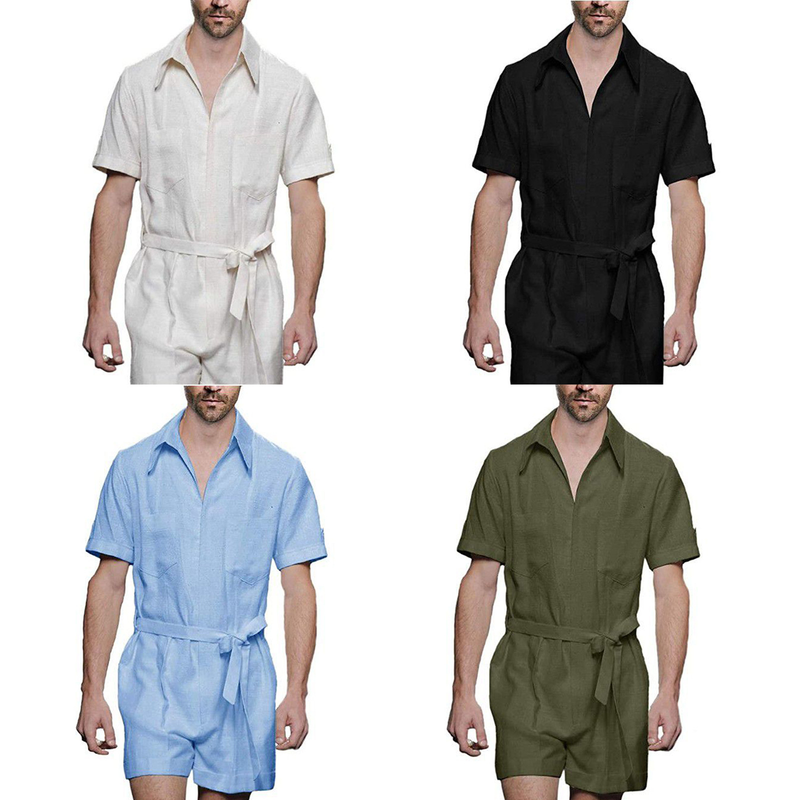 Man's clothing Summer casual sports jumpsuit men summer loose short sleeve T-shirt shorts cotton linen suit men_voghion.com