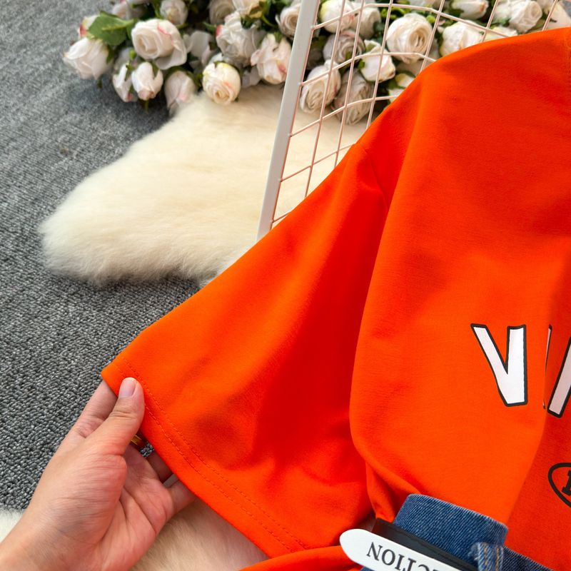 Maglietta a maniche corte verde scuro con stampa di lettere da donna, per l'estate, nuova, ampia, casual, versatile, a mezza manica, tendenza_voghion.com
