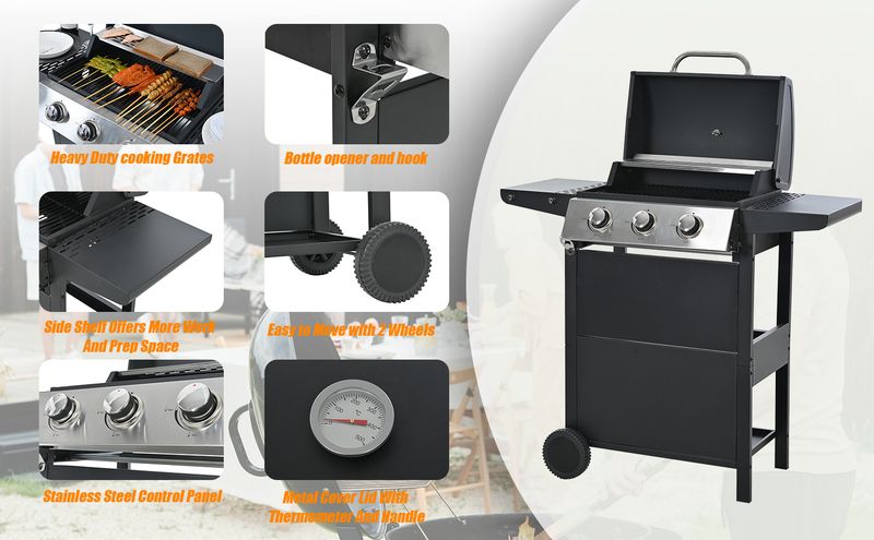 Propane Gas Grill 3 Burner Barbecue Grill, Stainless Steel 26,000 BTU Patio Garden Barbecue Grill With Two Shelves, Lid, Wheels And Bottle Opener_voghion.com