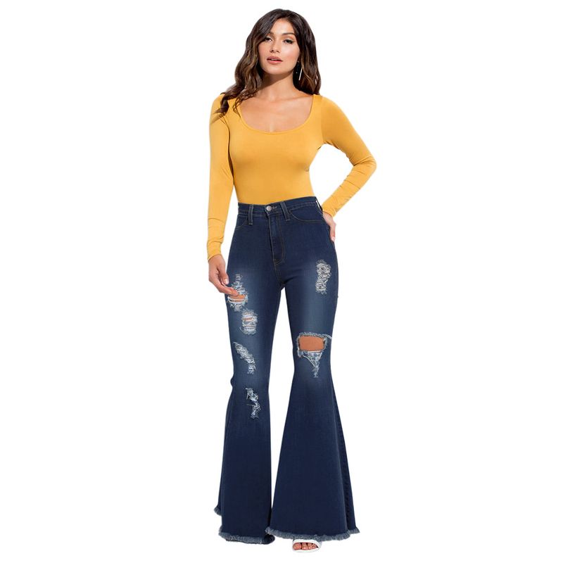 Modische Damenbekleidung mit weitem Bein, ausgewaschener, zerrissener Denim-Stretch-Schlaghose_voghion.com