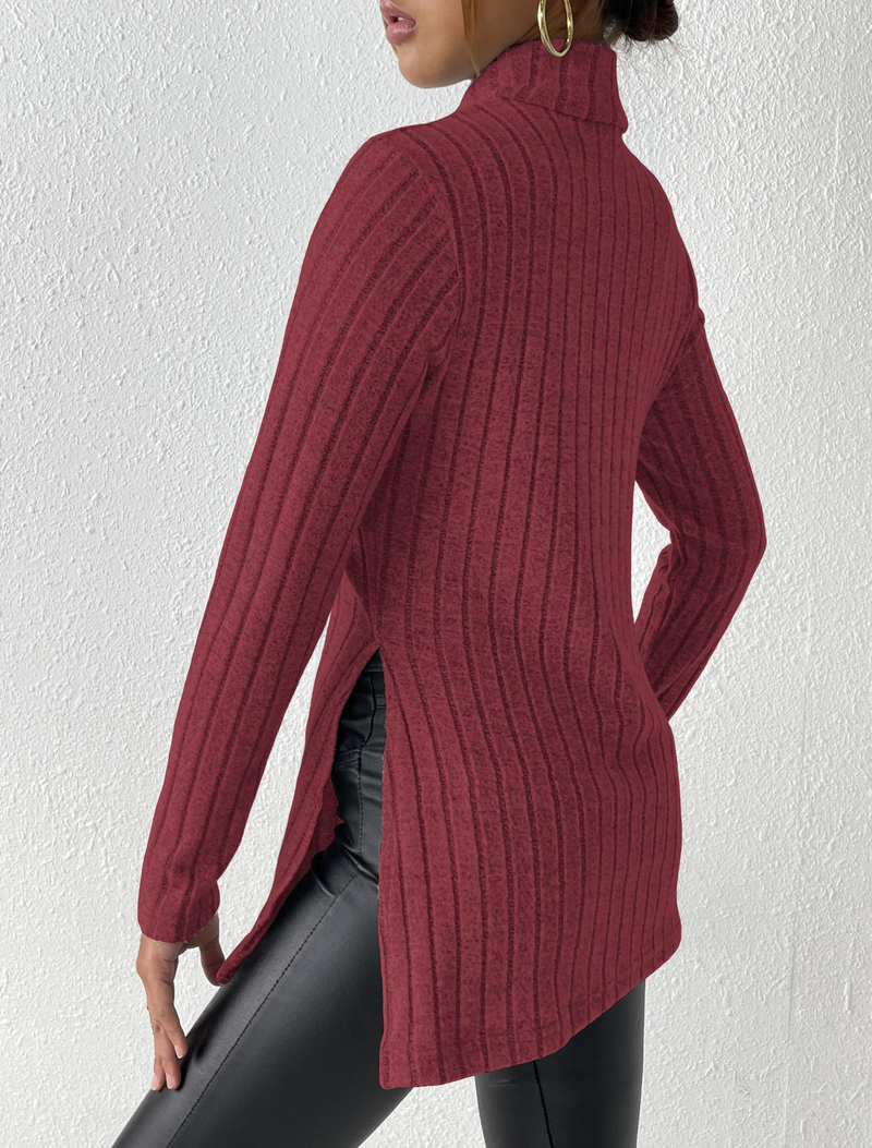 Women's turtleneck pullover slit slim-fit base pit striped medium length_voghion.com
