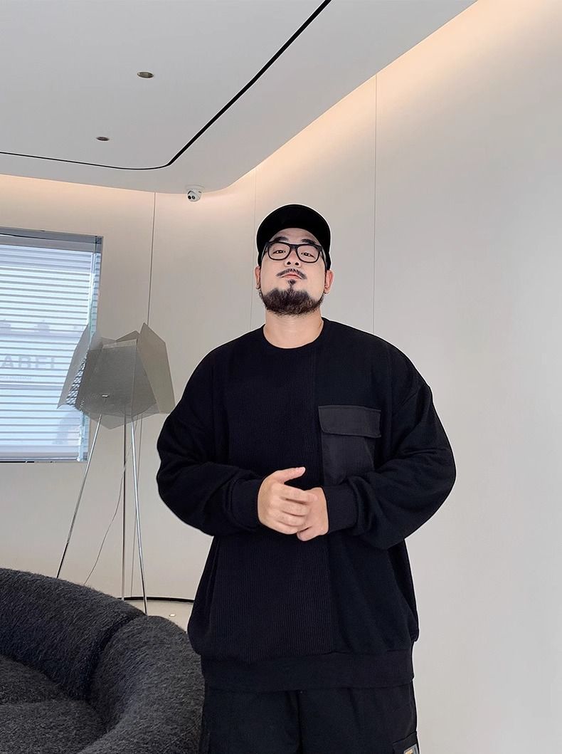 Felpa in pile girocollo da uomo grasso taglia forte da 150 kg, casual, con patchwork, autunno e inverno_voghion.com