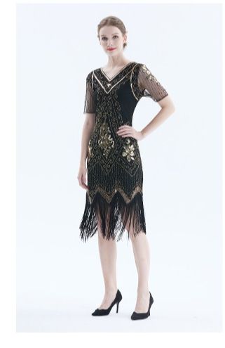 K Abendkleid, neues handgesticktes Paillettenkleid, Partykleid, V-Ausschnitt, kurzärmeliges Kleid. Keine Handschuhe, Halskette usw._voghion.com