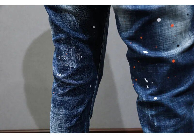 Jean déchiré rétro bleu pour hommes, pantalon en denim, slim, peint, style coréen, vintage, décontracté_voghion.com