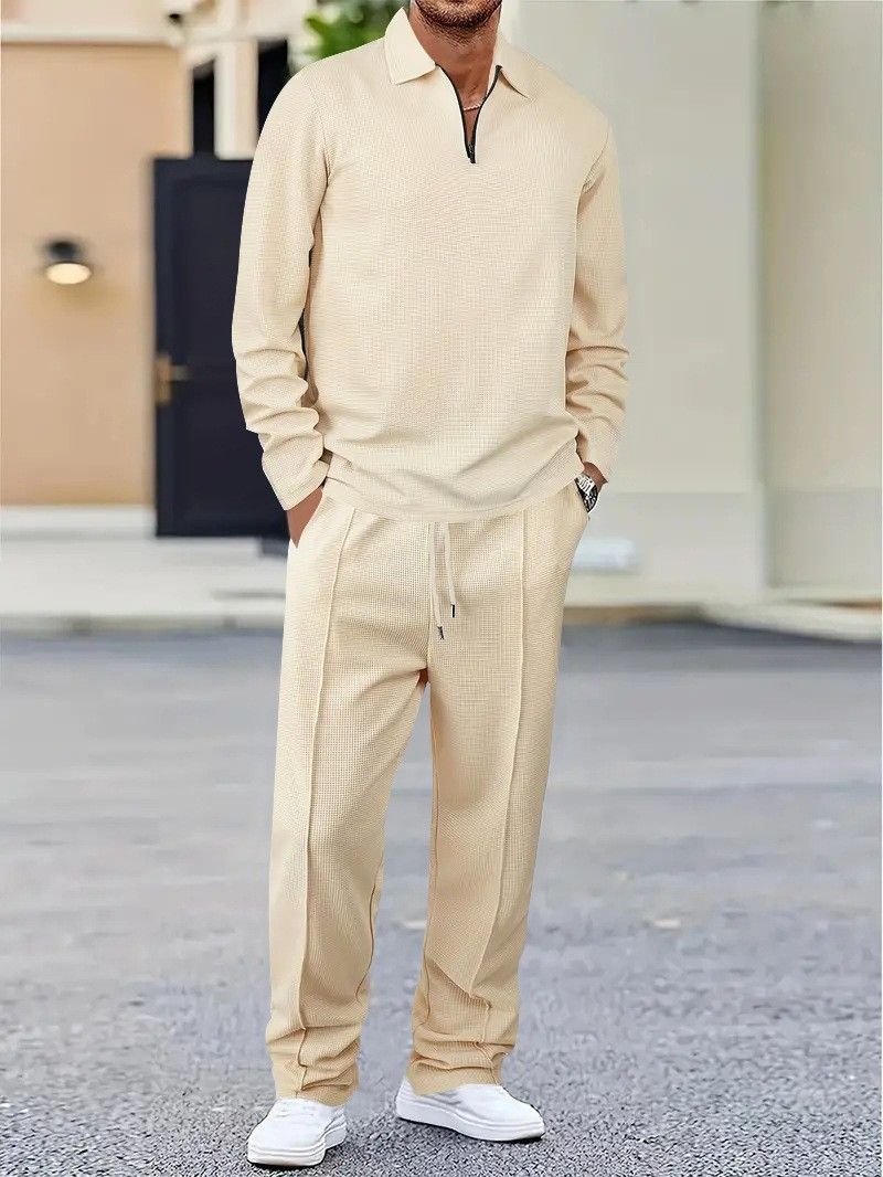 Men's Clothing Spring And Autumn Solid Color Waffle Lapel Zipper Long Sleeved Trousers Casual Suit_voghion.com