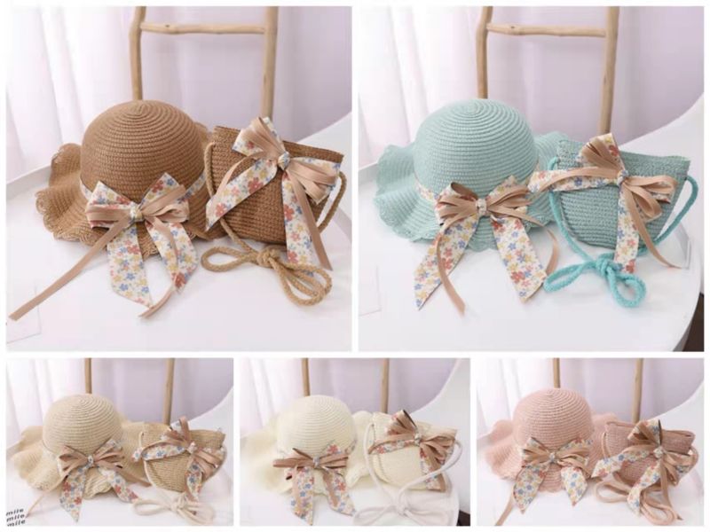 Cappelli di paglia da pescatore pieghevoli da spiaggia per bambini, protezione solare estiva da donna e set di borse_voghion.com