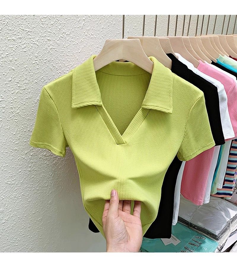 Abbigliamento da donna, maglietta a maniche corte in cotone filato con scollo a V, tinta unita, aderente, versatile, per primavera e autunno_voghion.com