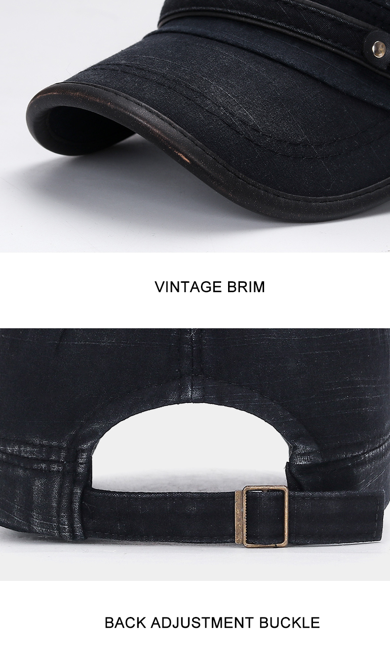 D & T-Sombrero a la moda para hombre y mujer, gorra Unisex con borde de cuero plano, sombrero militar Retro descolorido, sombrero de algodón flameado ajustable, novedad de 2021_voghion.com