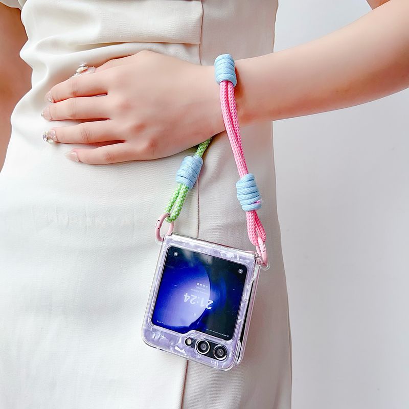 For Samsung Galaxy Z Flip 3 4 5 6 5G Crystal Shell Colorful Chain Wrist Phone Case Cover_voghion.com