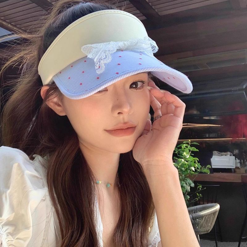 Korean Version Ins Sweet Bow Polka Dot Duck Tongue Visor Women's Summer Sunscreen Empty Top Hat Big Head Circumference Hat Tide_voghion.com