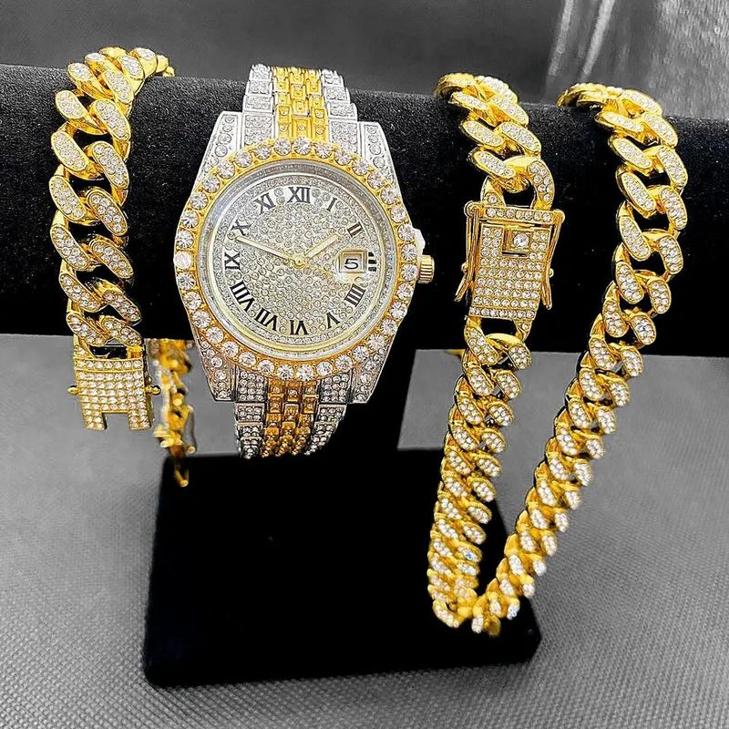 Modehorlogeset met diamanten hiphoparmband en kwartshorloge_voghion.com