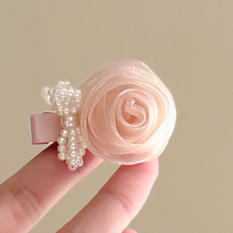 Preciosa horquilla con diseño retro francés de flores rosas y lazo de perla, flequillo con pinza lateral, accesorios para el cabello de hada para niña_voghion.com