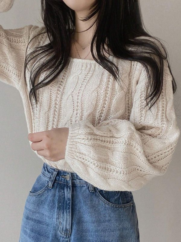 Damenbekleidung Grobstrickpullover Kurzarm Quadratischer Ausschnitt Lässiger Pullover Geripptes Häkeloberteil - Schwarz, Weiß, Grau_voghion.com