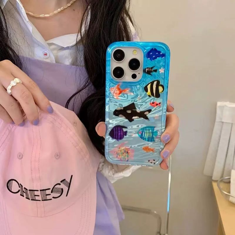 Cartoon Aquarium Ocean Fish Animal Phone Case For IPhone 16 15 13 14 12 Pro Max 11 INS Summer Water Lovely Soft Bumper_voghion.com