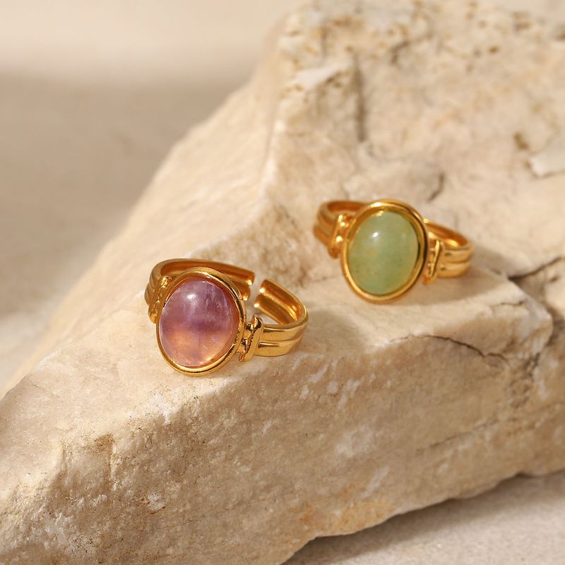Wasserdichter Edelstahl Gold Oval Grün/Lila Halb Offen Mode Ring Schmuck für Frauen_voghion.com