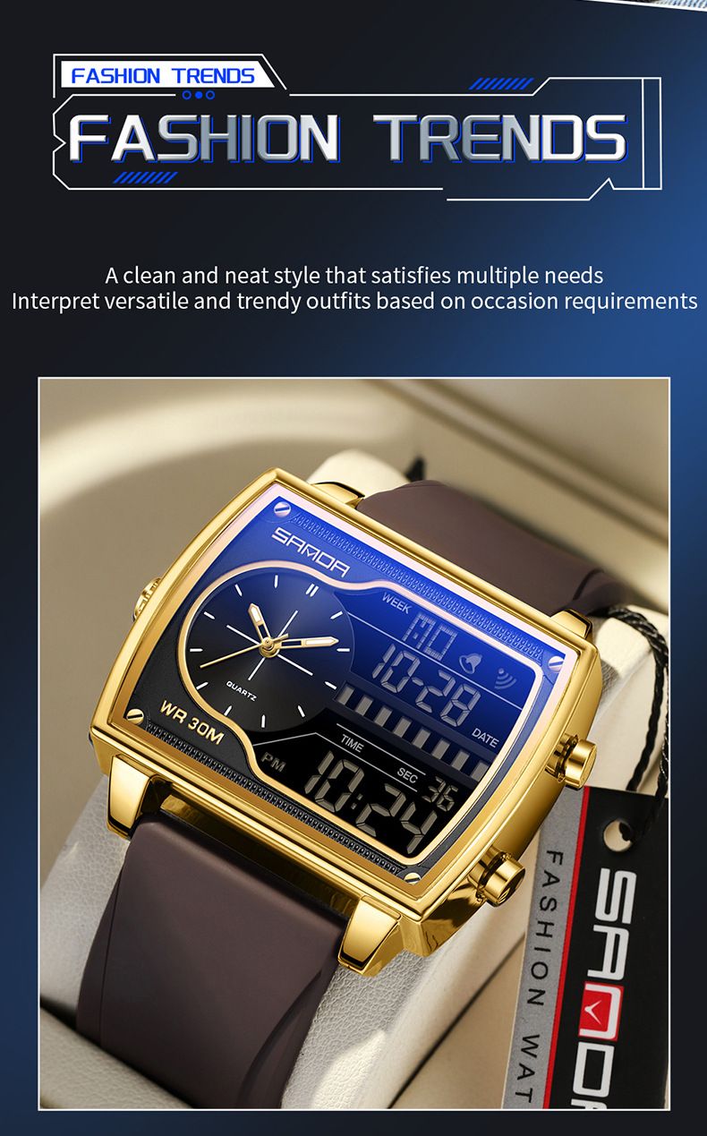 Multifunctional Digital Analog Quartz Watch With Alarm, Stopwatch, Waterproof & Night Light - Stylish Unisex Design Alarm Clock Square Watch_voghion.com