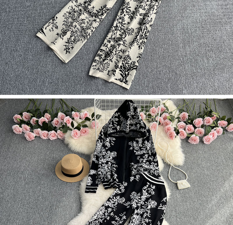Sweat-shirt tricoté à capuche et fermeture éclair en jacquard pour femmes, ensemble deux pièces, taille haute, pantalon à jambes larges_voghion.com