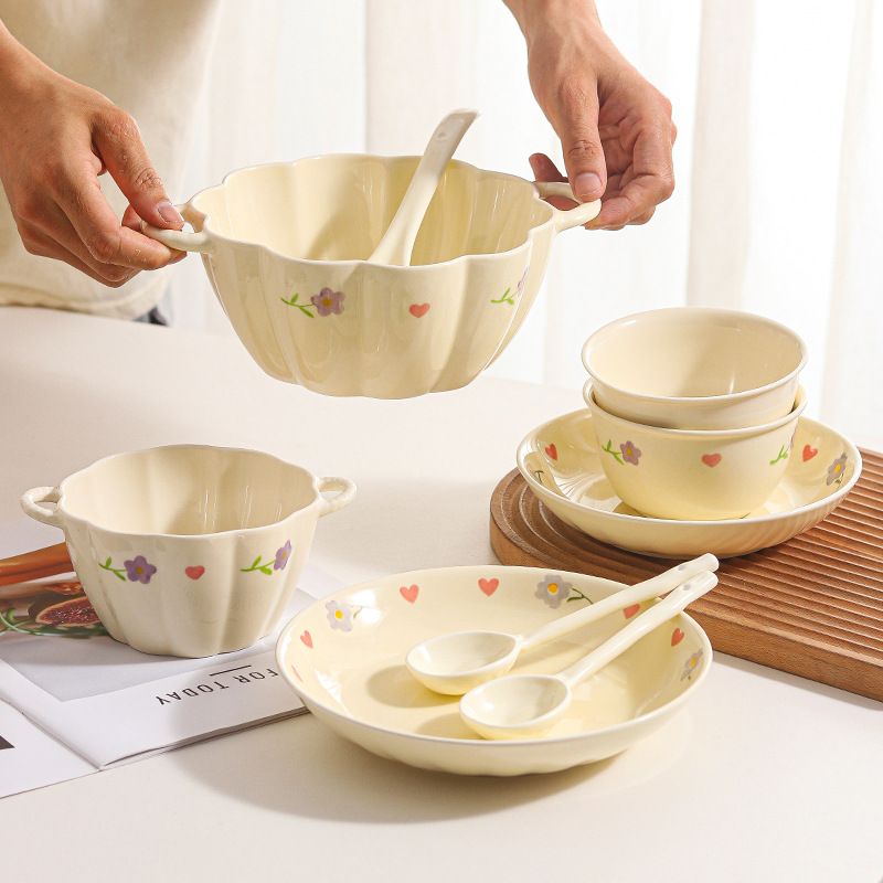 Wisteria Cream Style Ins Set Household Rice Ceramic Plate Double Ear Noodle Large Soup Bowl With Spoon_voghion.com