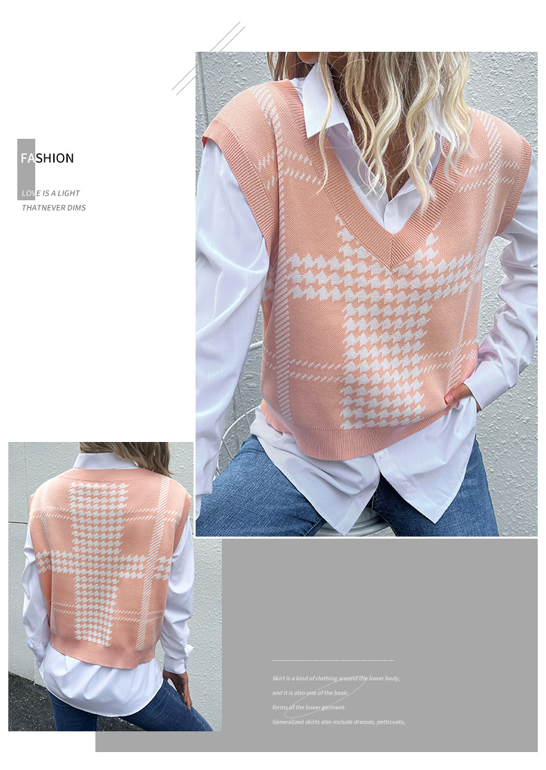 Pink Houndstooth Short Knitted Waistcoat_voghion.com