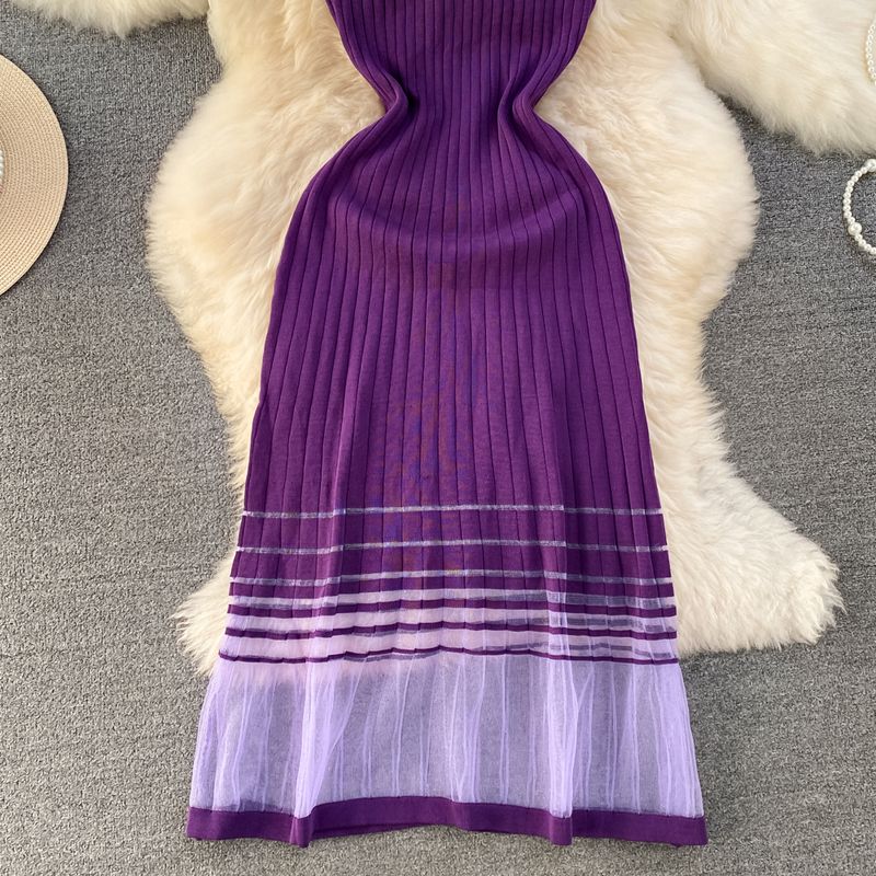 Abito gilet in maglia con giunture a rete, a linea A, con scollo rotondo e vita snellente, da donna_voghion.com