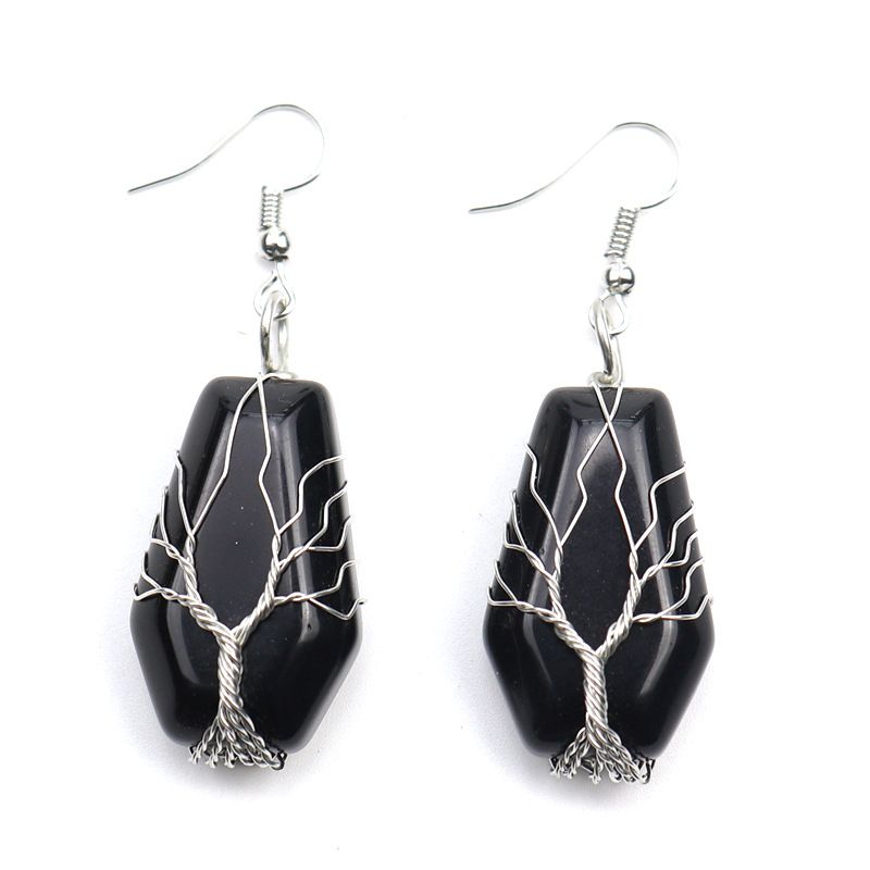 New Handmade Silver Winding Tree Of Life Natural Stone Crystal Agate Coffin Board Earrings Earrings E23_voghion.com
