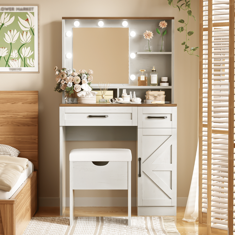 Farmhouse Makeup Vanity Desk With Mirror And Lights, 3 Lighting Modes, Vanity Set With Stool, Dressing Table With Adjustable Shelves,2 Drawers And Side Cabinet For Bedroom, White_voghion.com