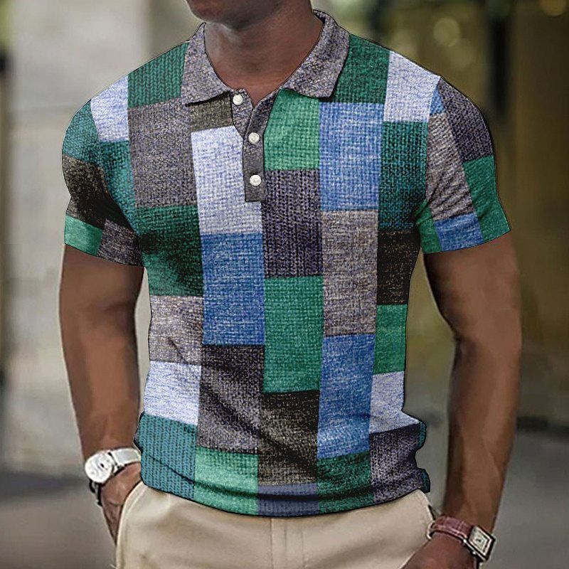 Men's Button-down Polo Shirt Plaid Pattern Turn-down Collar Trendy 3D Digital Print Short Sleeve Loose Casual Simple_voghion.com