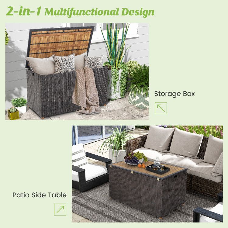 134 Gallon Rattan Storage Box with Zippered Liner and Solid Acacia Wood Top_voghion.com