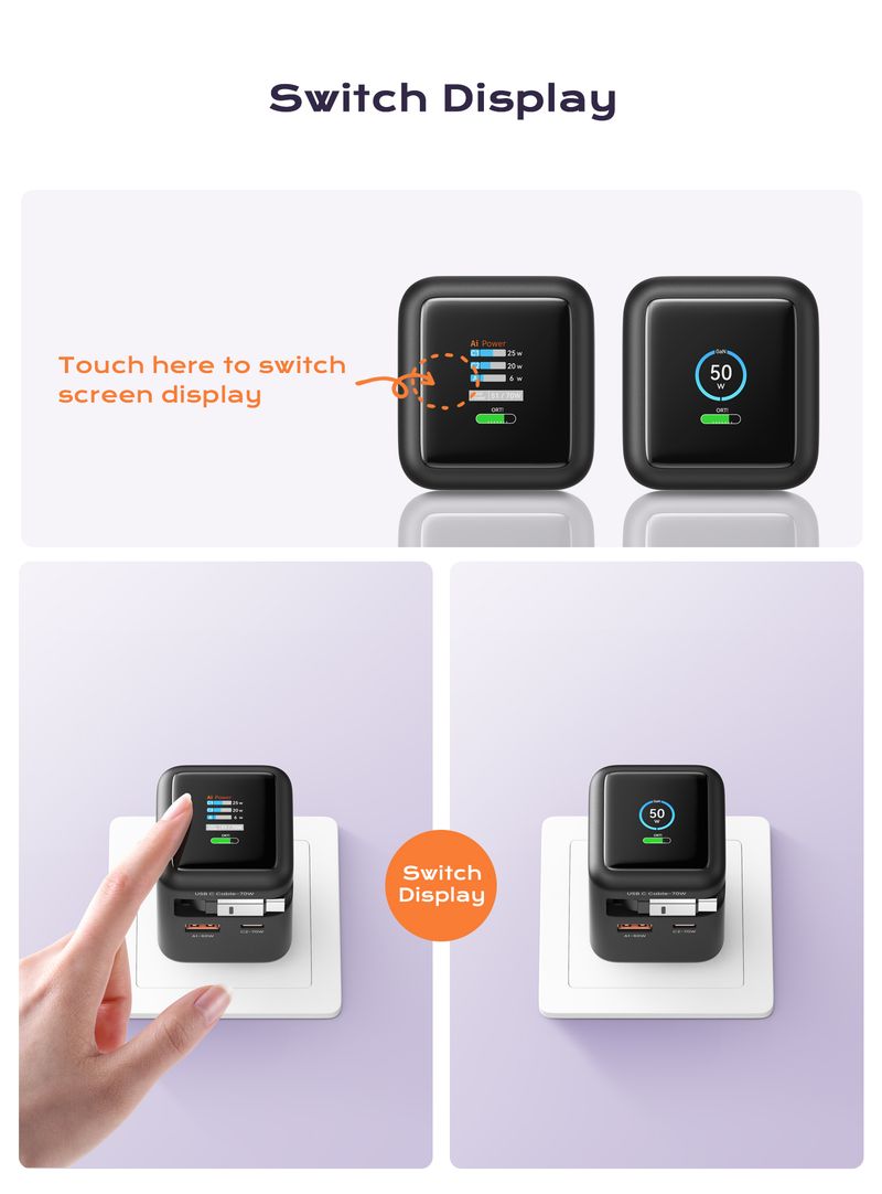 70W GAN Charger With Type-C Retractable Cable 3 IN 1 PD3.0 Q4.0 PPS Fast Charging For IPhone 16 15 14 Xiaomi Tablet_voghion.com