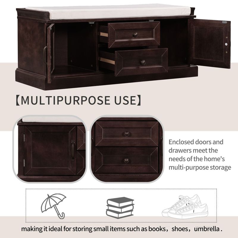 Storage Bench With 2 Drawers And 2 Cabinets,Shoe Bench With Removable Cushion For Living Room,Entryway_voghion.com