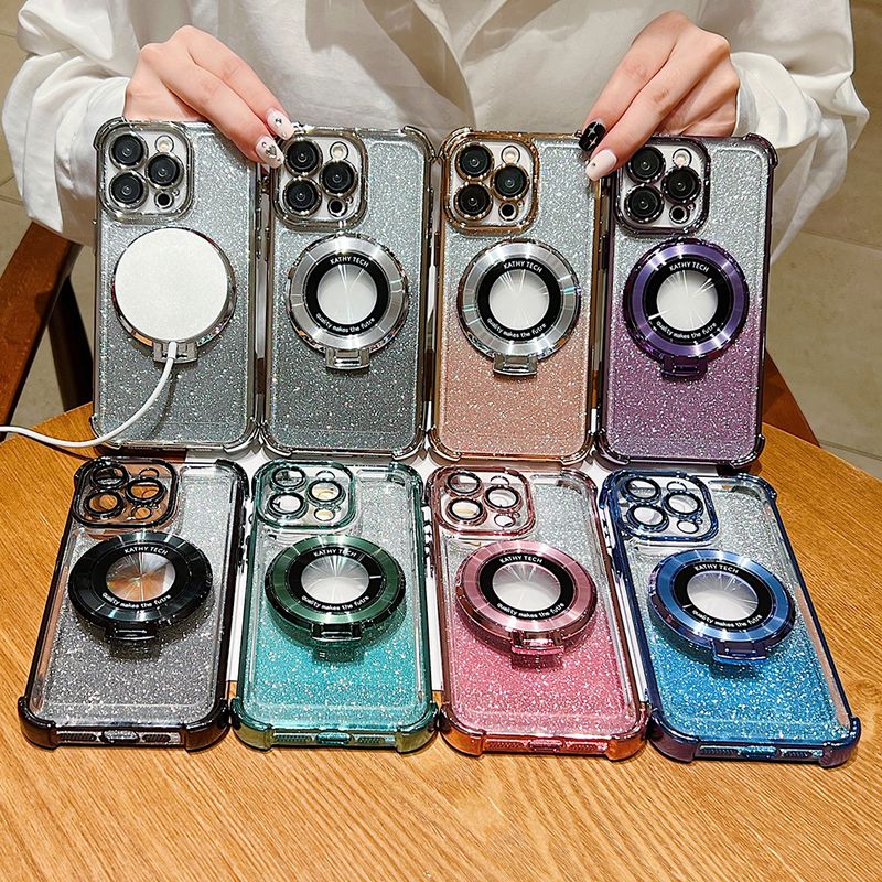 Custodia magnetica Magsafe con glitter sfumato per iPhone 15 14 13 12 11 Pro Max Plus con placcatura per ricarica wireless e supporto per telefono_voghion.com