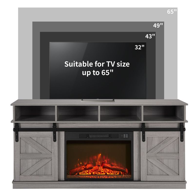 Modern Farmhouse TV Media Stand, Large Barn Inspired Home Entertainment Console, With 23" Fireplace Insert, For TV Up To 65'', With Open Shelves And Closed Cabinets, Grey_voghion.com