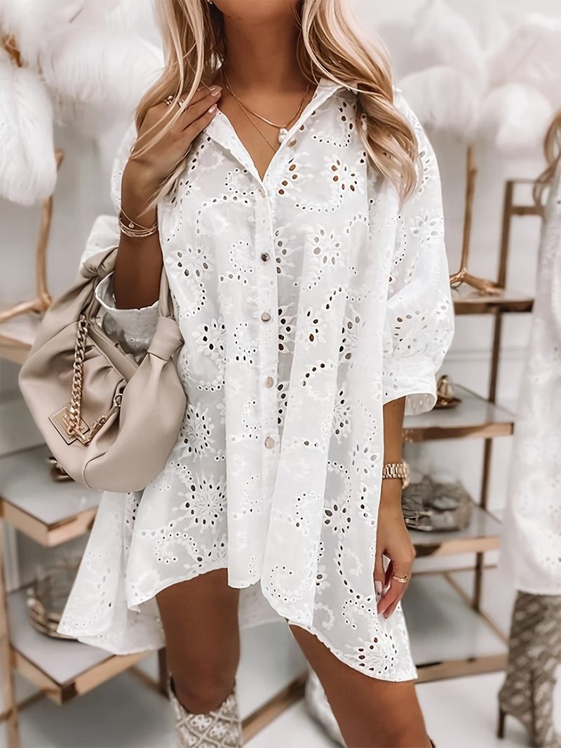 Blusa informal holgada, bordada y semitransparente con ribete de encaje. Elegante top bohemio de manga corta para el trabajo y el día a día._voghion.com
