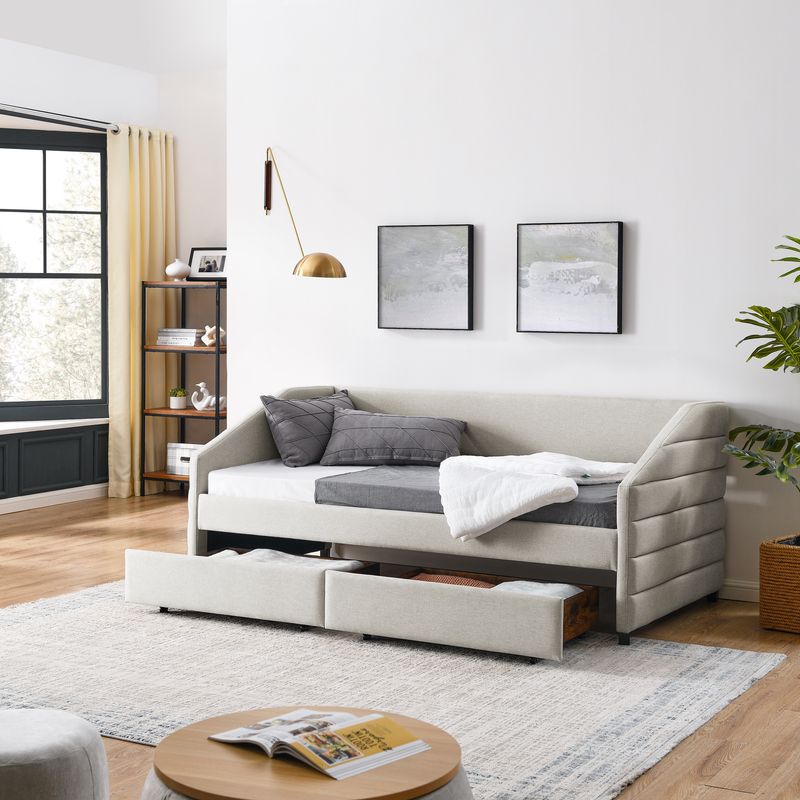 Twin Size Daybed with Two Drawers Trundle Upholstered Tufted Sofa Bed, Linen Fabric, Beige (82.5"x42.5"x34")_voghion.com