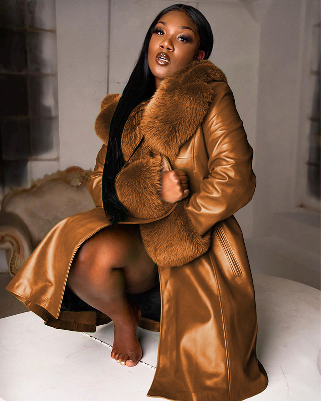 Women's autumn and winter lapel long coat fur collar temperament zipper_voghion.com