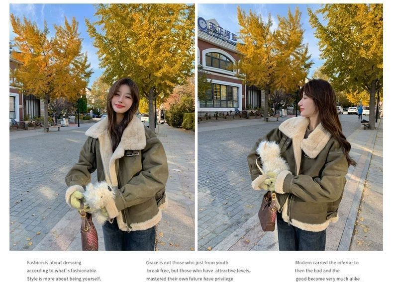 Green Suee Motorcycle Lamb Wool Coat For Women, Autumn Winter 2024, High-En Thickene Stan Collar Sheepskin_voghion.com