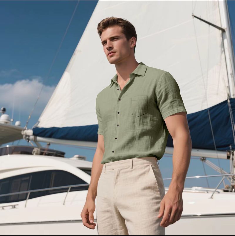 Camicia da uomo in lino a maniche corte, casual, traspirante, con bottoni, per le vacanze estive in spiaggia, con tasche_voghion.com