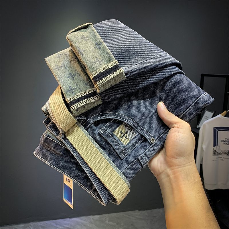 Jeans di lusso leggeri di fascia alta, vestibilità slim elastica da uomo, gamba dritta ricamata con interni trendy, versatile casual lungo_voghion.com