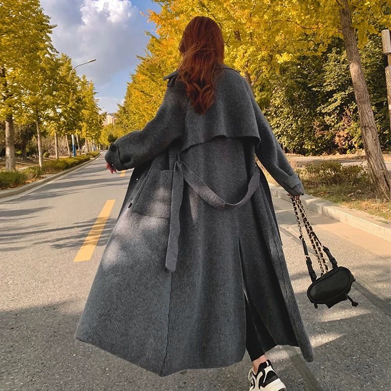 Høst Vinter Ny Mellomlang Strikket Genser Cardigan Dame Løs Og Lazy Style Avansert Trench Coat Mote_voghion.com