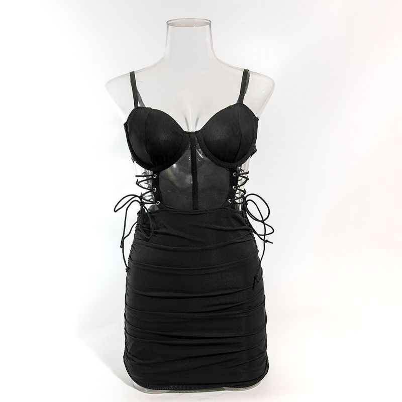 Sexy, figurbetontes Kleid mit Hohlrücken, Korsettstäbchen und Netzeinsatz – dehnbares Bandage-Minikleid für Club, Party, Date Night – S/M/L (Schwarz_voghion.com