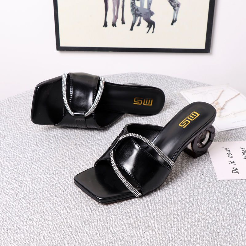 New External 2024 Single Square Head Irregular High Heel Instagram Style One Line Water Diamond Fashion Versatile_voghion.com