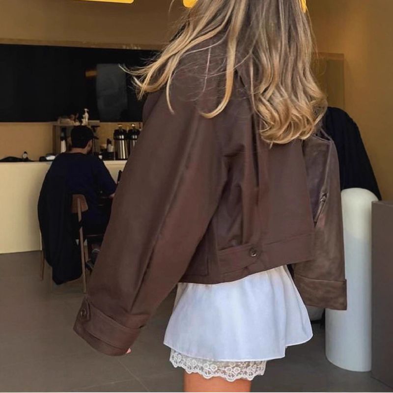 Trench corto chic da donna - Giacca con revers in stile coreano autunnale con tocco britannico, misto poliestere leggero, marrone caffè_voghion.com