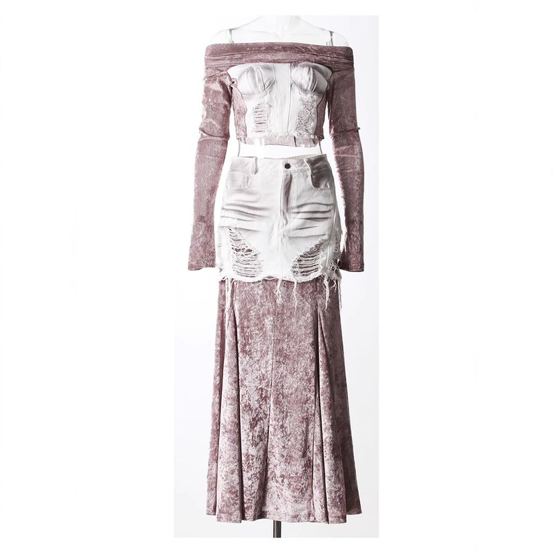 Denim Patchwork Frayed Off-Shoulder Velvet Long Sleeve Women's Crop Top And Skirt Set_voghion.com