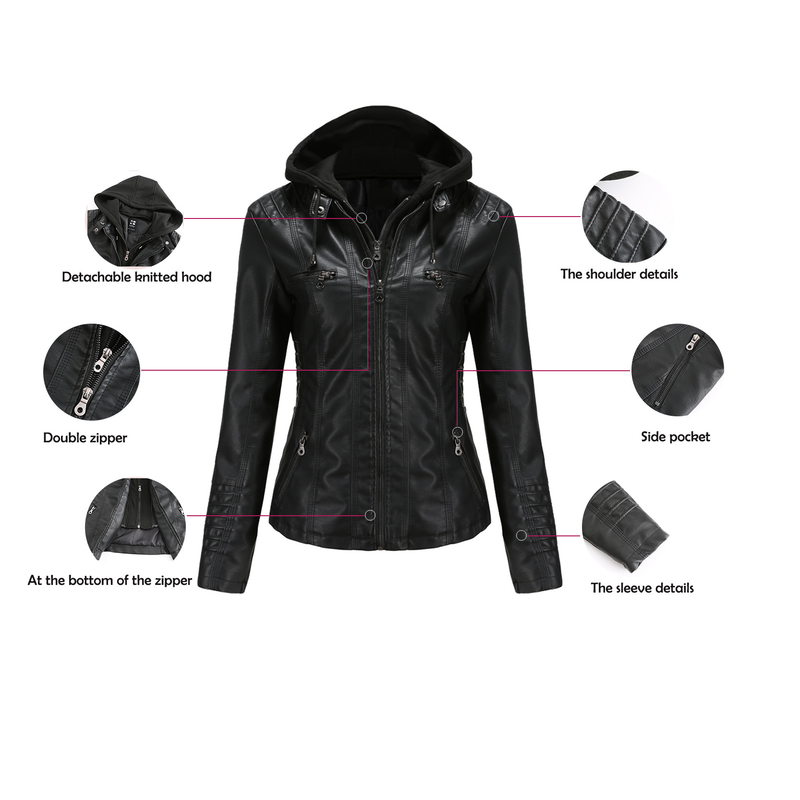 Giacca in pelle con cappuccio da donna, set da due pezzi, staccabile, di grandi dimensioni, in pelle PU lavata da donna_voghion.com