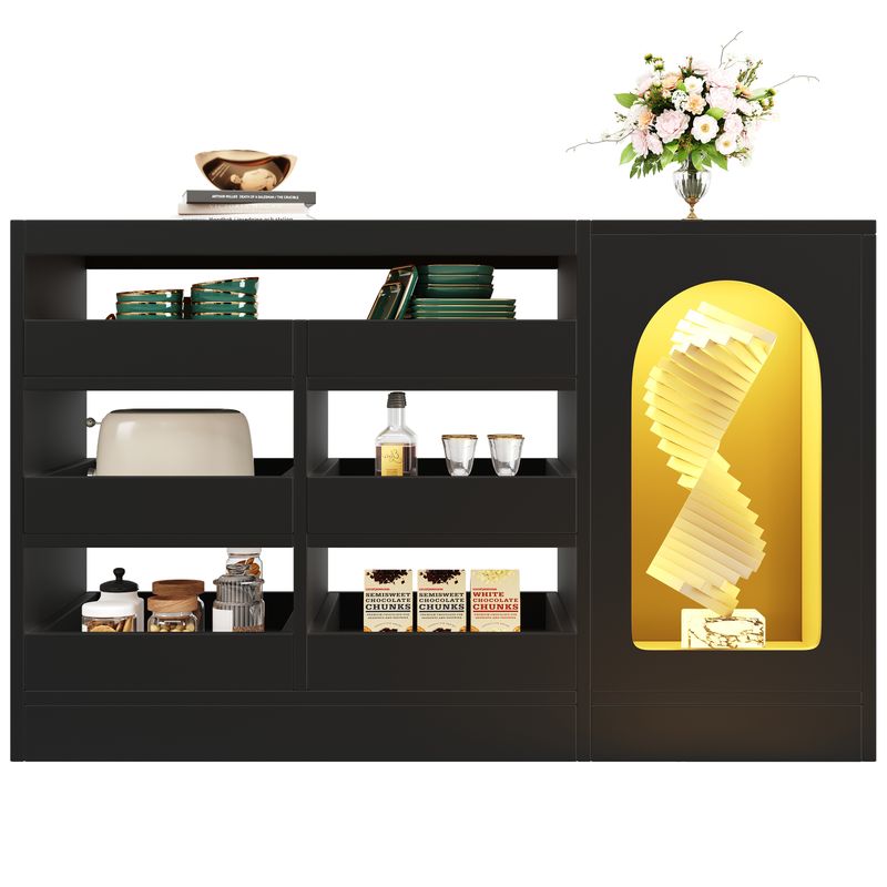 Kommode Schwarz Mit 6 Schubladen, LED-Licht, Hohlschranktür_voghion.com