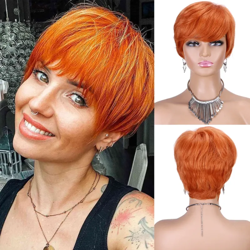 Short Human Hair Wigs for Women Pixie Cut Wigs With Bangs Short Straight Wig_voghion.com
