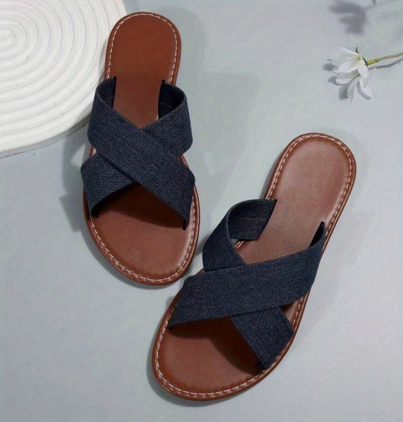 Platte damesslippers met kruisband, effen kleur antislipslippers met open teen, casual strandslippers voor buiten_voghion.com