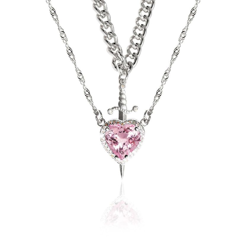 Collana e anello in acciaio inossidabile con cuore e spada, catena con onde d'acqua e zirconi, squisita idea regalo per San Valentino_voghion.com
