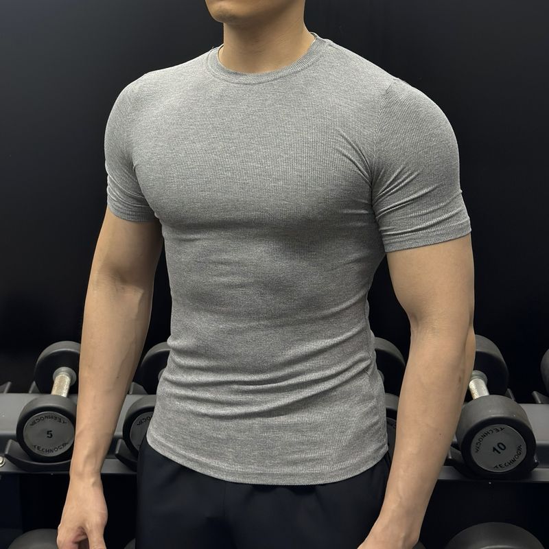 Camiseta de manga corta para hombre, de verano, elástica, ajustada, para correr, entrenamiento, deportes, de secado rápido, base, para fitness, acanalada._voghion.com